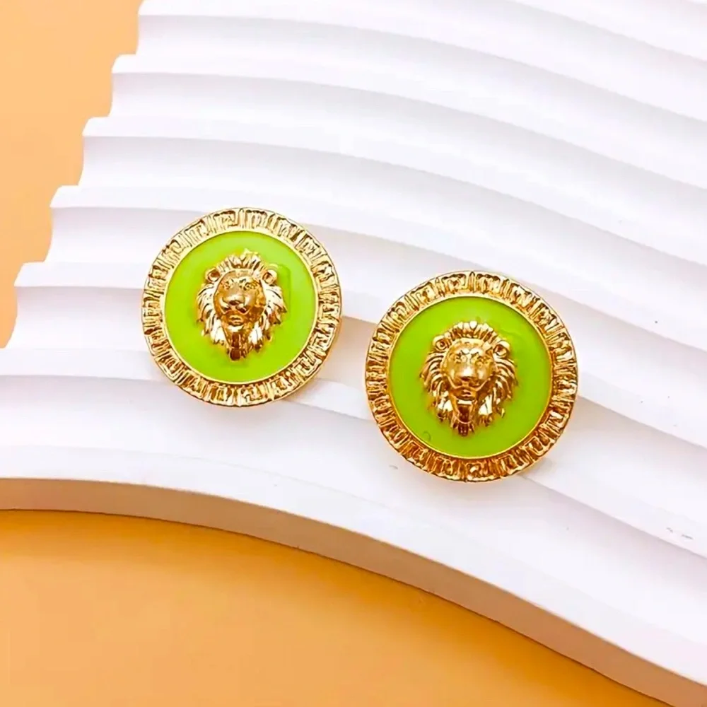 EARRINGS: Lime & Gold Tone Lion Head Stud Zinc Alloy, NIP